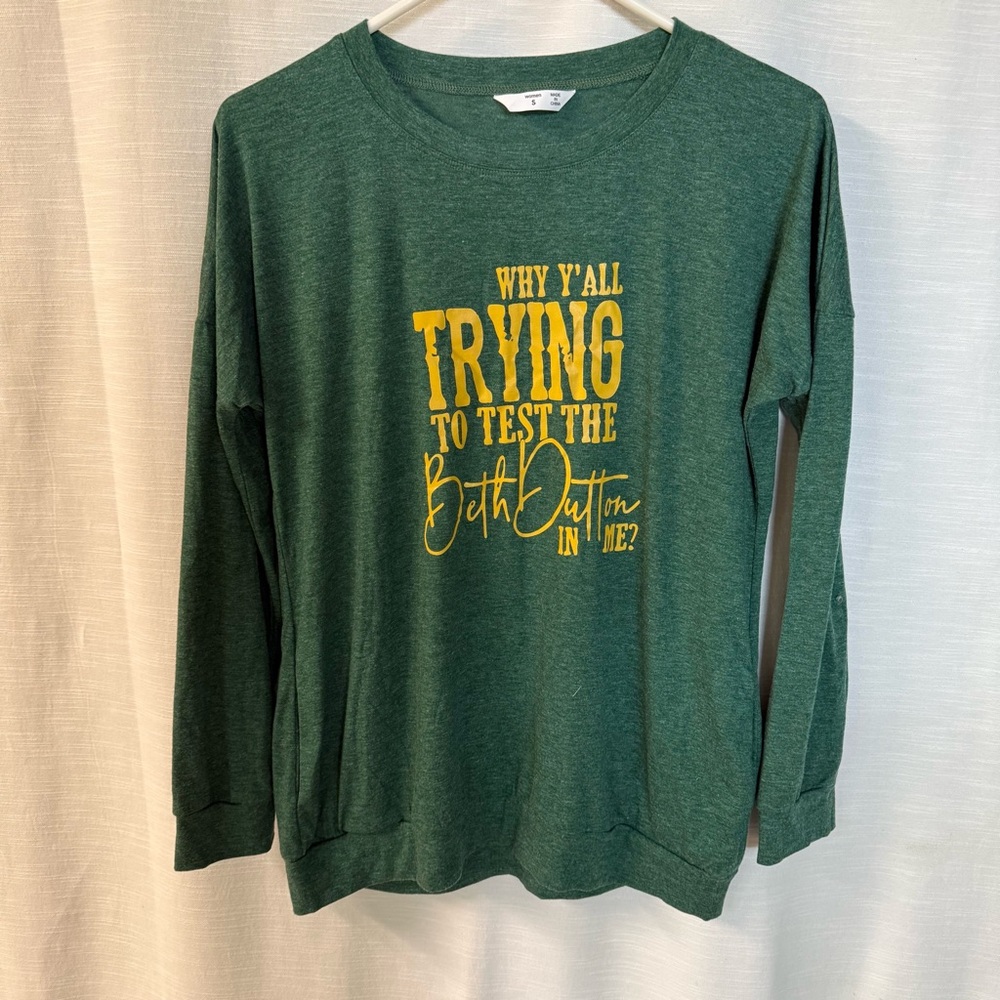Green Long Sleeve Tee with Yellow Print